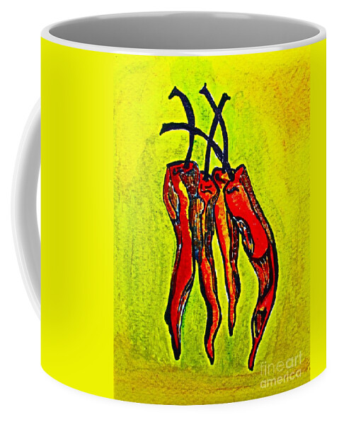 Mixed Media Coffee Mug featuring the painting Red Hot chili peppers by Barbara Donovan