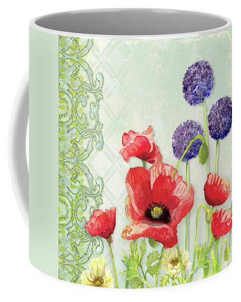 Red Poppy Coffee Mug featuring the painting Red Poppy Purple Allium III - Retro Modern Patterns by Audrey Jeanne Roberts
