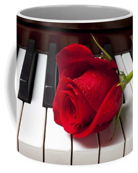 Red Rose Roses Coffee Mug featuring the photograph Red rose on piano keys by Garry Gay
