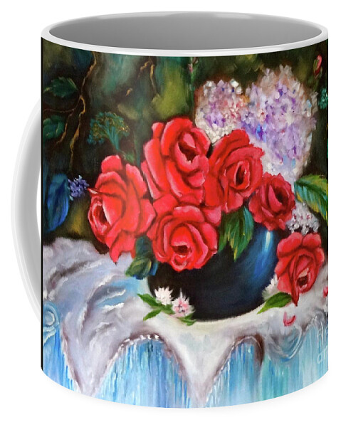 Bouquet Coffee Mug featuring the painting Red Roses by Jenny Lee