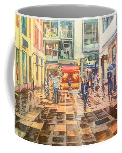 Reflections Pavement Arndale Centre Manchester Figures People Coffee Mug featuring the painting Reflections In The Pavement, Brown Street, Manchester by Rosanne Gartner