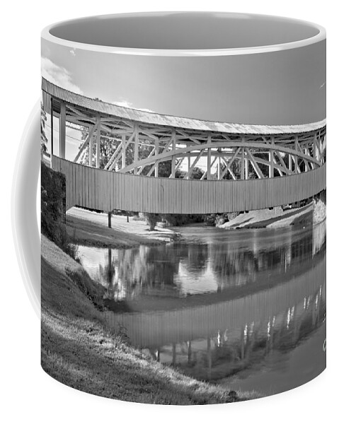 Halls Mill Covered Bridge Coffee Mug featuring the photograph Reflections Of The Halls Mill Covered Bridge Black And White by Adam Jewell