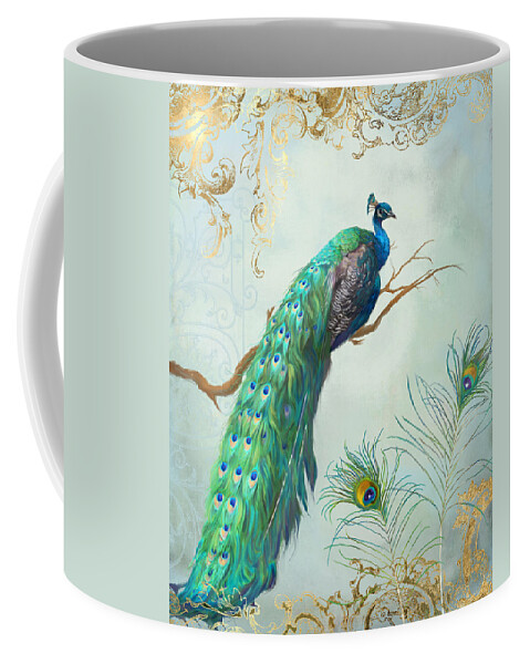 Peacock On Tree Branch Coffee Mug featuring the painting Regal Peacock 1 on Tree Branch w Feathers Gold Leaf by Audrey Jeanne Roberts