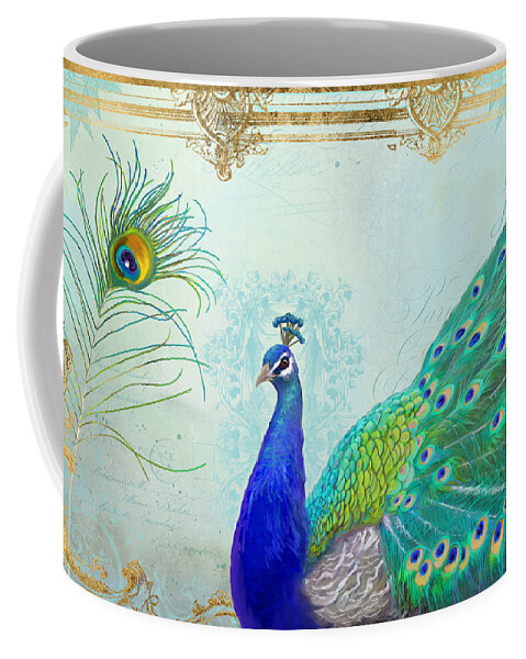Peacock Coffee Mug featuring the painting Regal Peacock 2 w Feather n Gold Leaf French Style by Audrey Jeanne Roberts