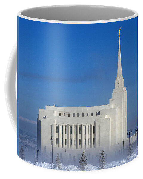 Lds Coffee Mug featuring the photograph Rexburg Temple Rises Above The Mist by DeeLon Merritt