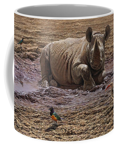 Rhino Coffee Mug featuring the painting Rhino by Alan M Hunt