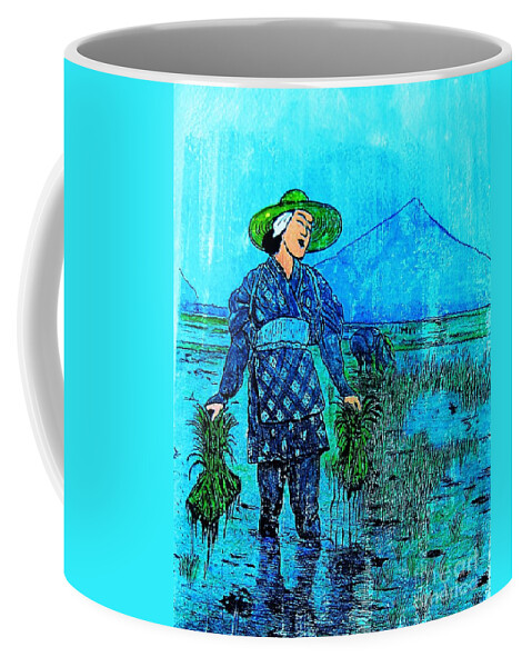 Figurative Coffee Mug featuring the painting Rice field blues by Thea Recuerdo