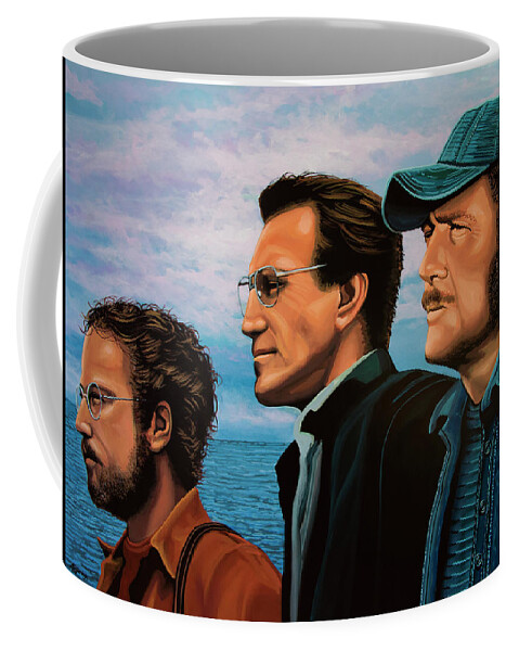 Jaws Coffee Mug featuring the painting Jaws with Richard Dreyfuss, Roy Scheider and Robert Shaw by Paul Meijering