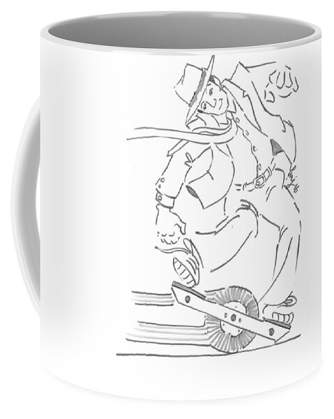 Ride One Wheel Coffee Mug featuring the drawing Ride One Wheel Cartoon - Never Be Late Again by Mike Jory