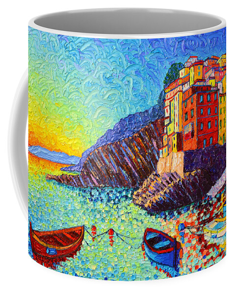 Riomaggiore Coffee Mug featuring the painting Riomaggiore Sunset - Cinque Terre Italy - Palette Knife Oil Painting By Ana Maria Edulescu by Ana Maria Edulescu