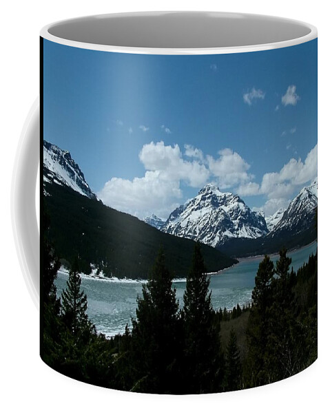 Rising Wolf Mountain Coffee Mug featuring the photograph Rising Wolf and Two Medicine Lake by Tracey Vivar