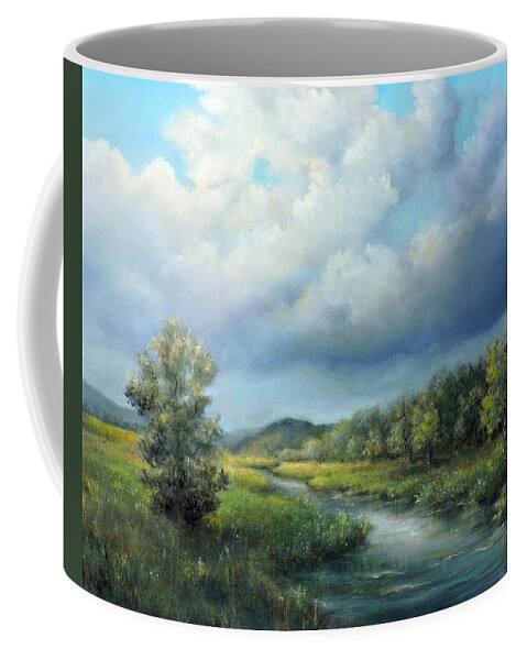 Landscape Coffee Mug featuring the painting River landscape spring after the rain by Katalin Luczay