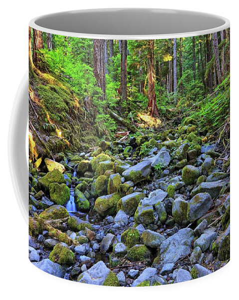 Wallpaper Coffee Mug featuring the photograph Riverbed full of mossy stones with small cascade by Kyle Lee