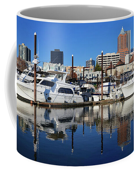 Portland Oregon Riverplace Marina Downtown Waterfront Sun Sunny Morning Clear Skies Coffee Mug featuring the photograph Riverplace Marina by Patrick Campbell