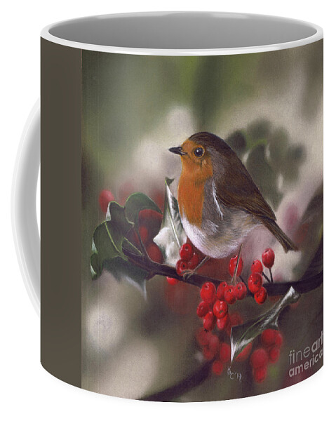 Robin Coffee Mug featuring the pastel Robin and Berries by Karie-ann Cooper