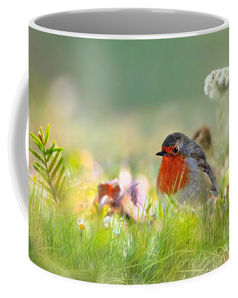 Robin Coffee Mug featuring the mixed media Robin Red Breast by Morag Bates