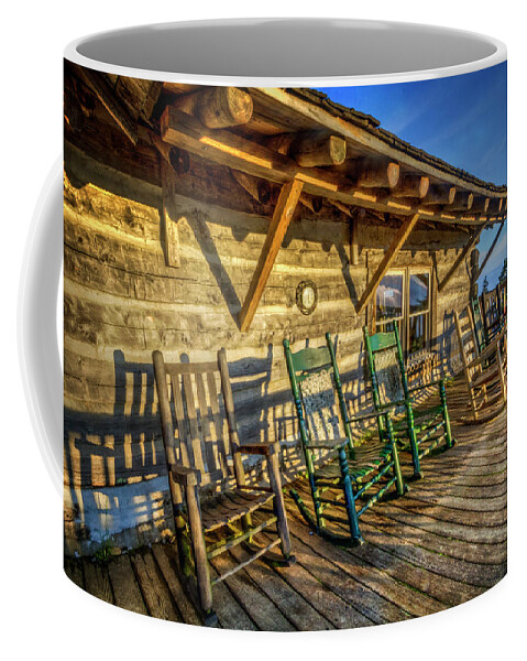 Appalachia Coffee Mug featuring the photograph Rocking Chairs on the Porch in the Sun by Debra and Dave Vanderlaan