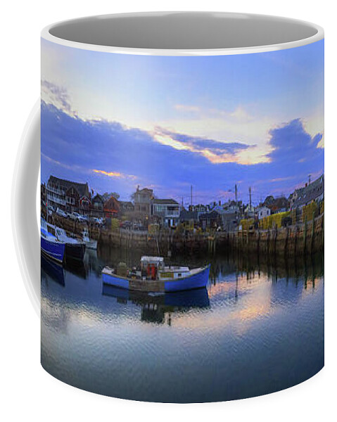 Rockport Coffee Mug featuring the photograph Rockport Harbor Sunset Panoramic with Motif No1 by Joann Vitali