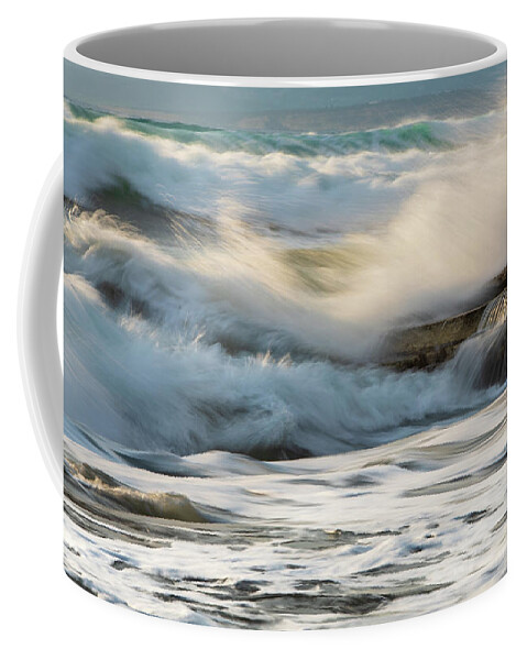 Sea Waves Coffee Mug featuring the photograph Rocky seashore, wavy ocean and wind waves crashing on the rocks by Michalakis Ppalis
