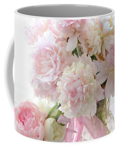 Shabby Chic Coffee Mug featuring the photograph Shabby Chic Pink White Peonies - Shabby Chic Peonies Pastel Pink Dreamy Floral Wall Print Home Decor by Kathy Fornal