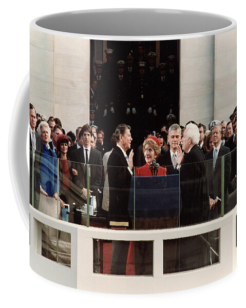 President Reagan Coffee Mug featuring the photograph Ronald Reagan Inauguration - 1981 by War Is Hell Store