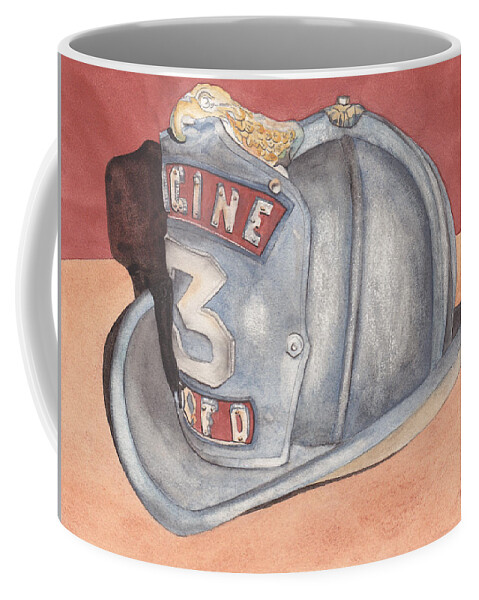 Fire Coffee Mug featuring the painting Rondo's Fire Helmet by Ken Powers