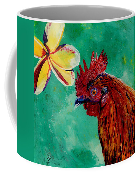 Rooster Art Coffee Mug featuring the painting Rooster and Plumeria by Marionette Taboniar