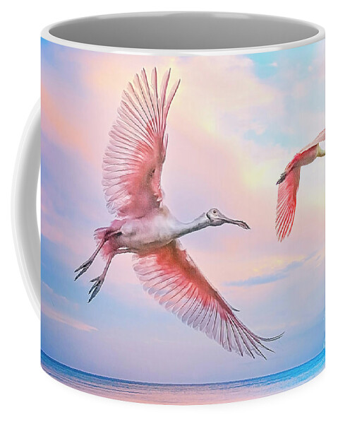 Roseate Spoonbill Coffee Mug featuring the photograph Roseate Spoonbills in flight. by Brian Tarr