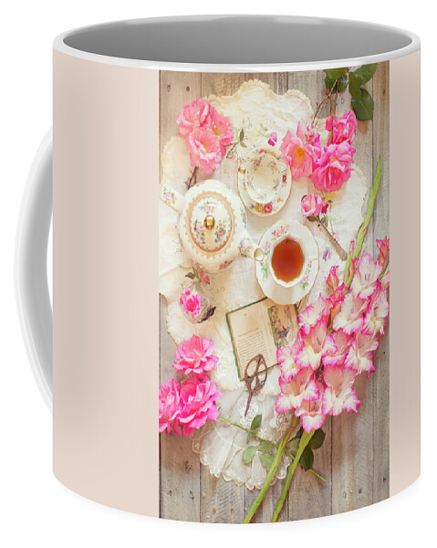 Floral Coffee Mug featuring the photograph Roses and Gladiolas with Vintage Tea Pot and Cups by Susan Gary