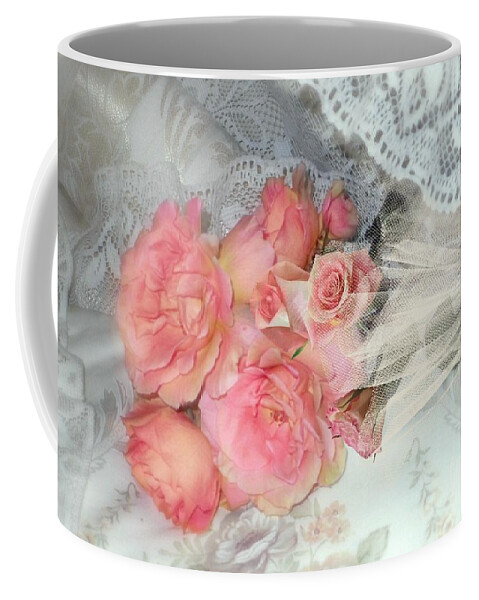 Pink Roses Coffee Mug featuring the pyrography Roses on my Pillow by Morag Bates