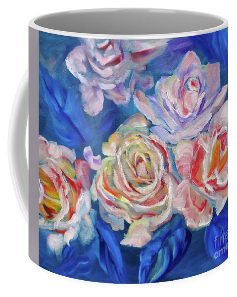 Roses Coffee Mug featuring the painting Roses, Roses on Blue by Jenny Lee