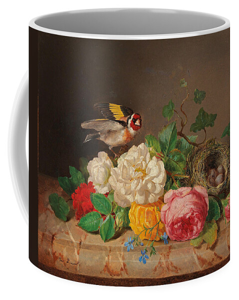 Josef Lauer Coffee Mug featuring the painting Roses with Goldfinch and Bird's Nest by Josef Lauer