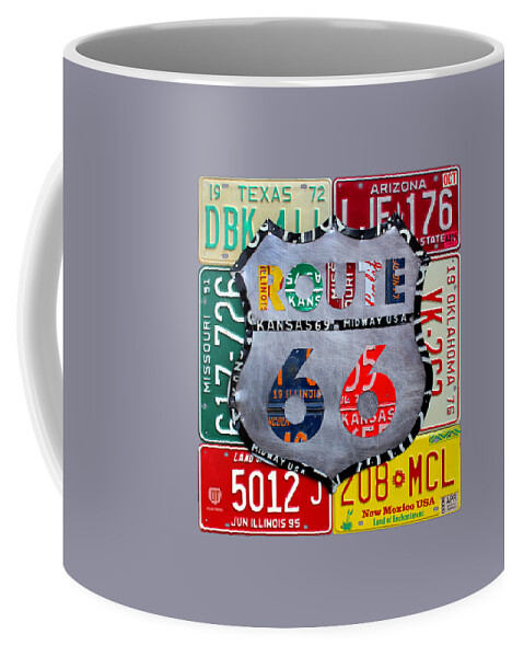 Route 66 Highway Road Sign License Plate Art Travel License Plate Map Coffee Mug featuring the mixed media Route 66 Highway Road Sign License Plate Art by Design Turnpike