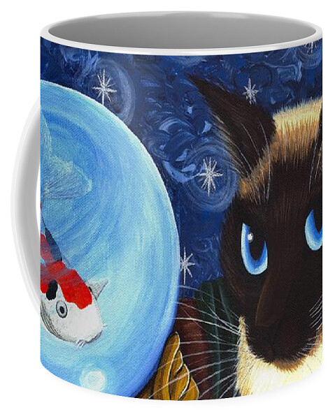Siamese Cat Coffee Mug featuring the painting Rue Rue's Fortune - Siamese Cat Koi by Carrie Hawks