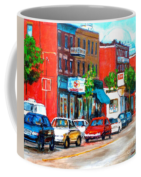 St.viateur Bagel Coffee Mug featuring the painting Rue St Viateur Streetscene Montreal Memories Canadian Art Carole Spandau City Scene Specialist by Carole Spandau