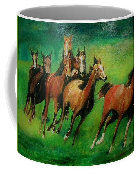 Horse Coffee Mug featuring the painting Running Free by Khalid Saeed