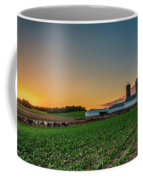 Wisconsin Dairy Farm Sunset Corn Silo Barn Cows Cattle Holsteins Landscape Scenic Blue Green Yellow Stoughton Madison Dane Wisconsin Mcfarland Coffee Mug featuring the photograph Rural Tranquility by Peter Herman
