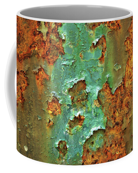 Industrial Chic Coffee Mug featuring the photograph Rust and Deep Aqua Blue Abstract by Brooke T Ryan