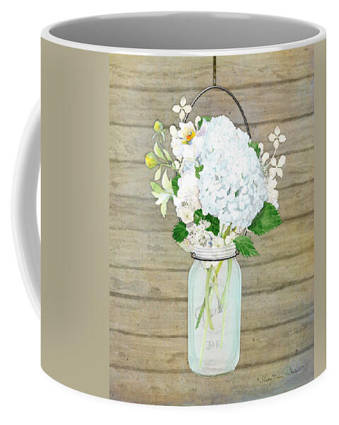 White Hydrangea Coffee Mug featuring the painting Rustic Country White Hydrangea n Matillija Poppy Mason Jar Bouquet on Wooden Fence by Audrey Jeanne Roberts