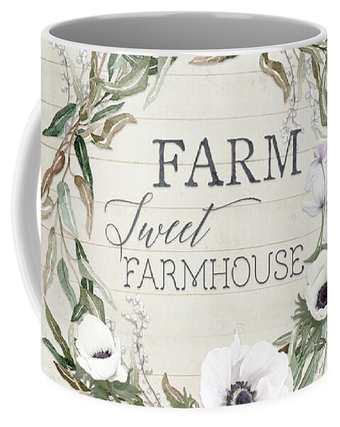 Coffee Mug featuring the painting Rustic Farm Sweet Farmhouse Shiplap Wood Boho Eucalyptus Wreath N Anemone Floral by Audrey Jeanne Roberts