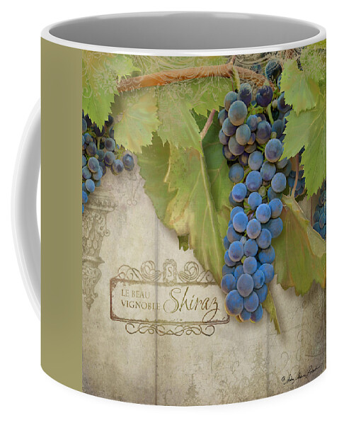 Shiraz Coffee Mug featuring the painting Rustic Vineyard - Shiraz Wine Grapes over Stone by Audrey Jeanne Roberts