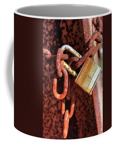 Bura Bura Copper Mine Coffee Mug featuring the photograph Rusty Lock by FineArtRoyal Joshua Mimbs
