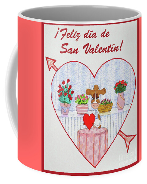 Ruthie-moo Coffee Mug featuring the drawing RuthieMoo heart Flores Feliz Dia de San Valentin by Joan Coffey