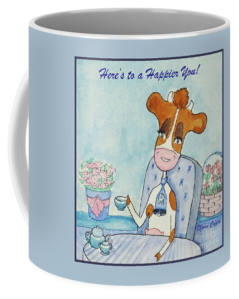 Ruthiemoo Coffee Mug featuring the drawing RuthieMoo Here's To A Happier You by Joan Coffey