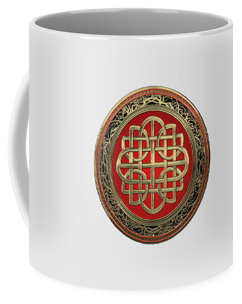 ‘celtic Treasures’ Collection By Serge Averbukh Coffee Mug featuring the digital art Sacred Celtic Gold Knot Cross over White Leather by Serge Averbukh