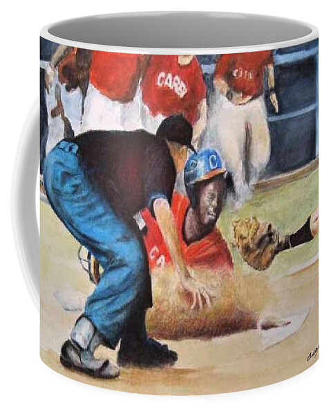 Baseball Coffee Mug featuring the painting Safe At Home by Bobby Walters