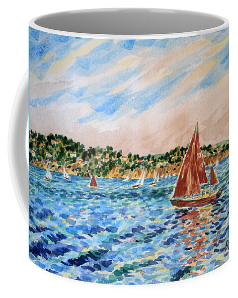 Bonnie Follett Coffee Mug featuring the painting Sailboat on the Bay by Bonnie Follett