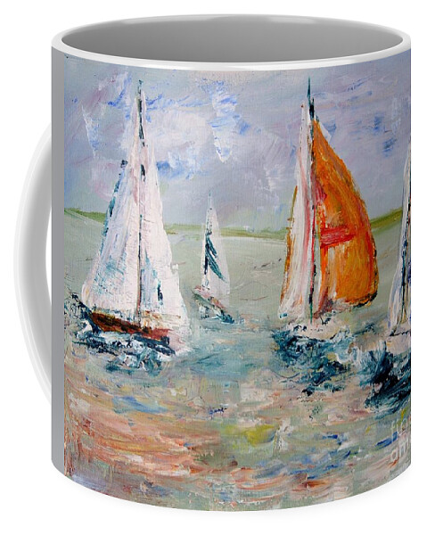 Sailboats And Abstract 2 Coffee Mug featuring the painting Sailboat studies 3 by Julie Lueders 