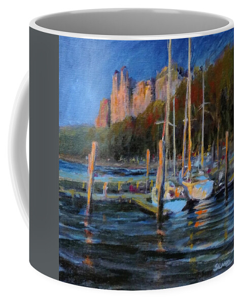 Landscape Coffee Mug featuring the painting Sailboats at Dusk, Hudson River by Peter Salwen