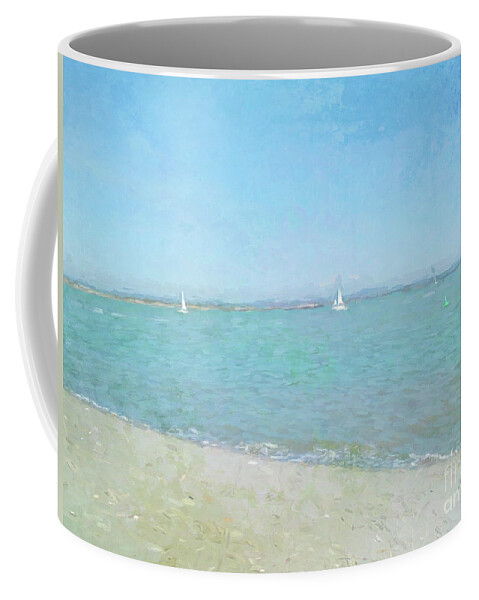 Beach Coffee Mug featuring the digital art Sailboats at West Wittering by Jayne Wilson